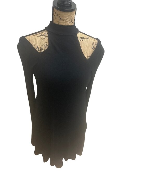 Free People Sweaters - Free People Downtown Girl Tunic Top XS Black Cold Shoulder Mock Neck Ribbed Knit